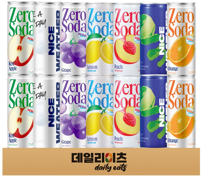 클룹 제로칼로리 소다 캔 7종 2캔씩 14캔 좋아하는 맛 찾기 (복숭아 레몬 포도 레드애플 청사과 소다 오렌지), 1박스, 250ml