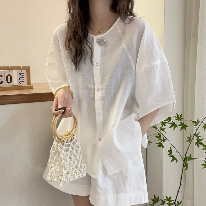 SAHINER 여성 반팔 1+1 루즈핏 린넨 혼방 셔츠 여름 캐주얼 데일리