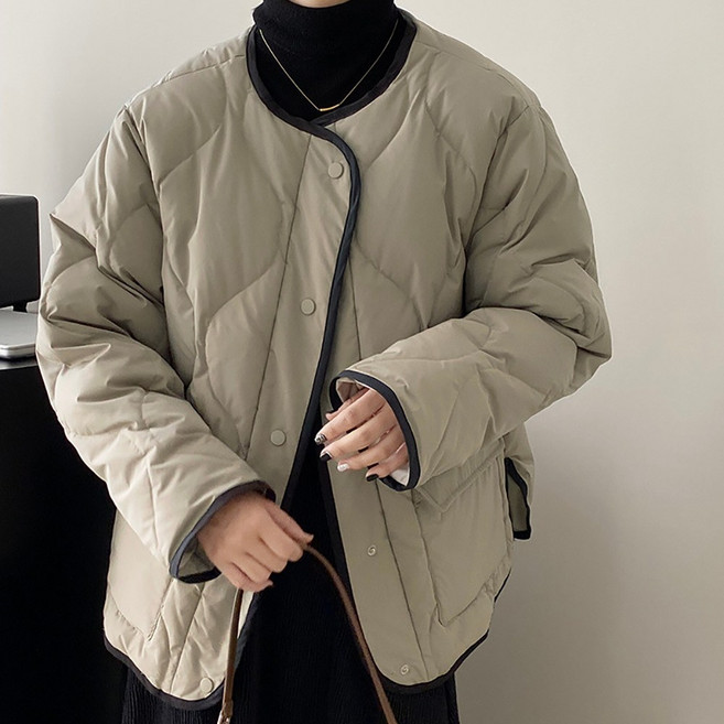 여성 캐주얼 빅사이즈 루즈핏 오버핏 노카라 배색 퀼팅 누빔 패딩 점퍼