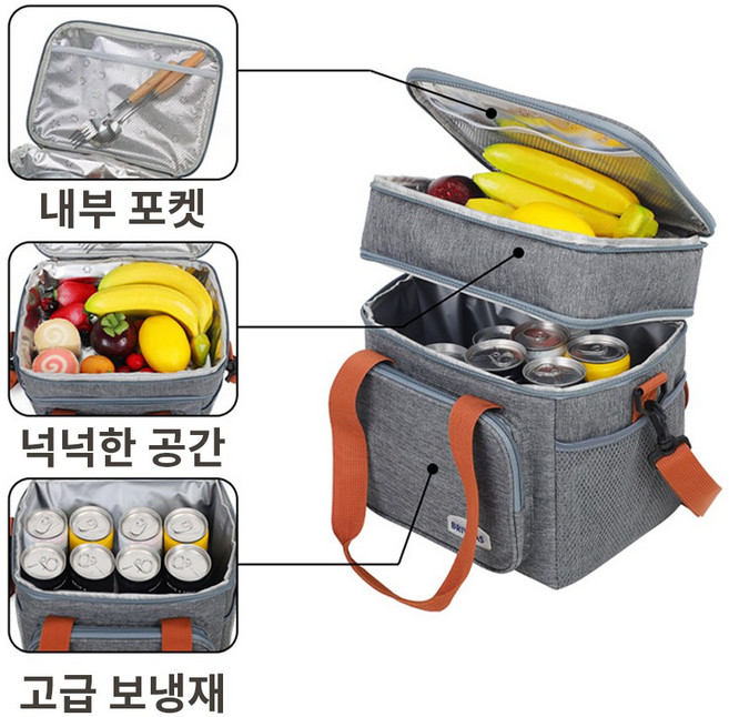 신제품 상하단 이층 보냉가방 캠핑아이스백 쿨러백 휴대용, 그레이, 12L