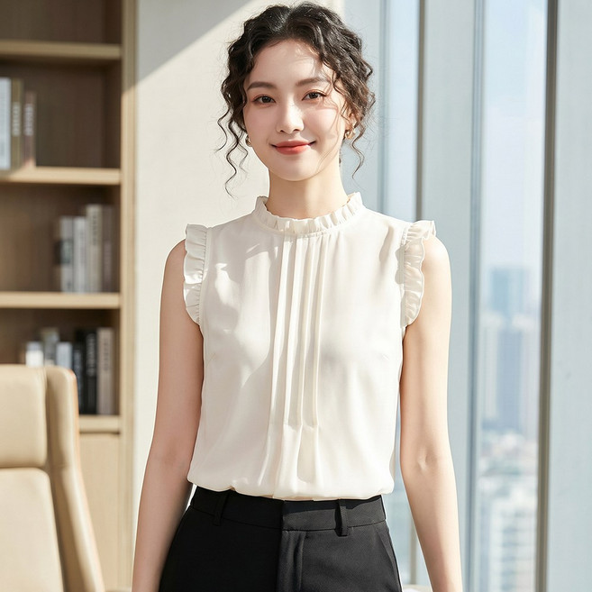 7위 - cheibear 여성 러플 목선 날개 민소매 블라우스 전면 주름 무지 오피스 출근용 비즈니스 빈티지 캐주얼 