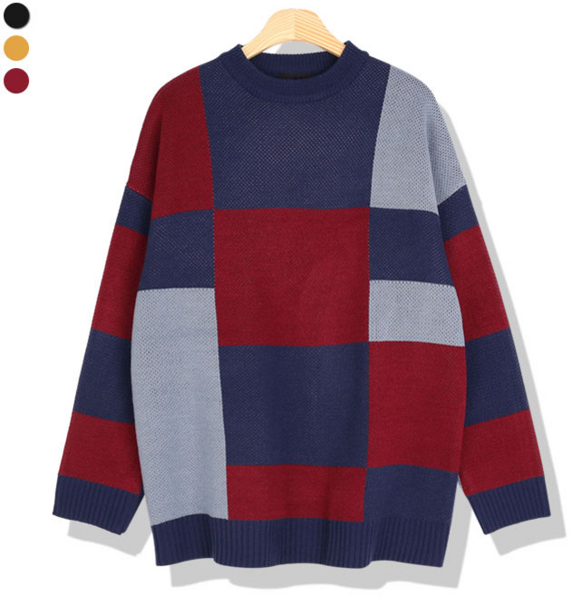 오마보이 남성용 컬러링 배색 오버핏 니트티