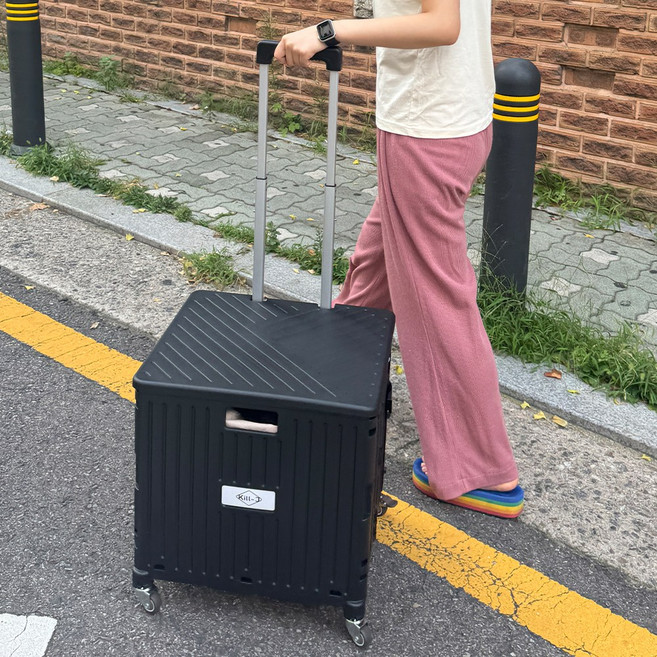 킬제이 360도 4바퀴 접이식 다용도 대형 폴딩카트 마트 쇼핑 시장 손수레 핸드 카트 네모 박스 장바구니 캐리어 65L, 블랙, 1개