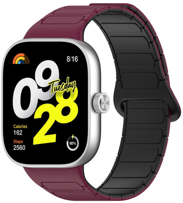 샤오미 워치 8/9 프로/홍미 4/5/6 호환 투톤 실리콘 마그네틱 밴드-일체형 헤드 커넥터 없이 깔끔, 1개, 3# 버건디+블랙