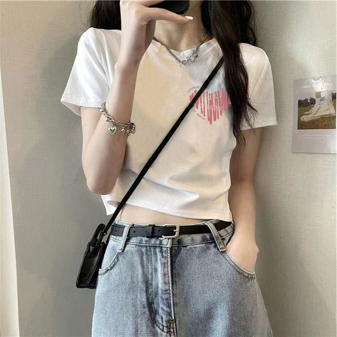 印花T 上衣 短袖 高腰 修身 露臍 夏季新款正肩T恤女