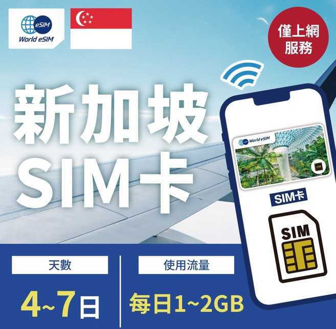 World eSIM 新加坡 SIM 卡 4-7日方案 每日1-2GB 4G 高速上網, 5日,每日2GB