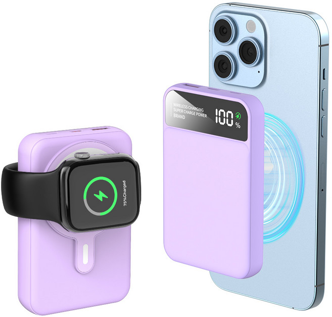 THOUSTA 무선 3in1 대용량 PD 22.5W QC3.0 고속충전 맥세이프 보조배터리 10000mAh, 퍼플