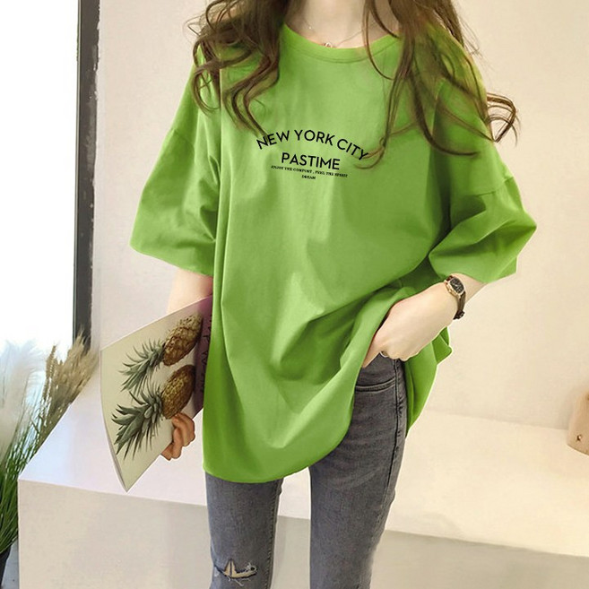 스타일아유 뉴욕시티 레터링 오버핏 반팔티 여성용 롱 빅사이즈 박시 반팔티셔츠 반팔 티셔츠