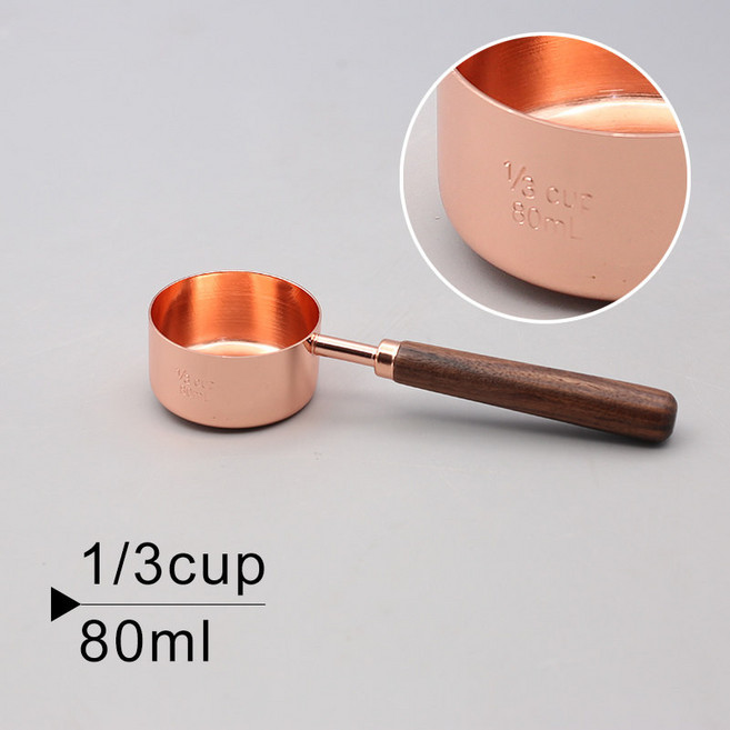 나무 로즈 호두 조리 도구 계량컵 스푼 베이킹 구리 손잡이 세트 손잡이 계량, 단일 모델, 용량 컵 1/3컵 80ml, 1kg