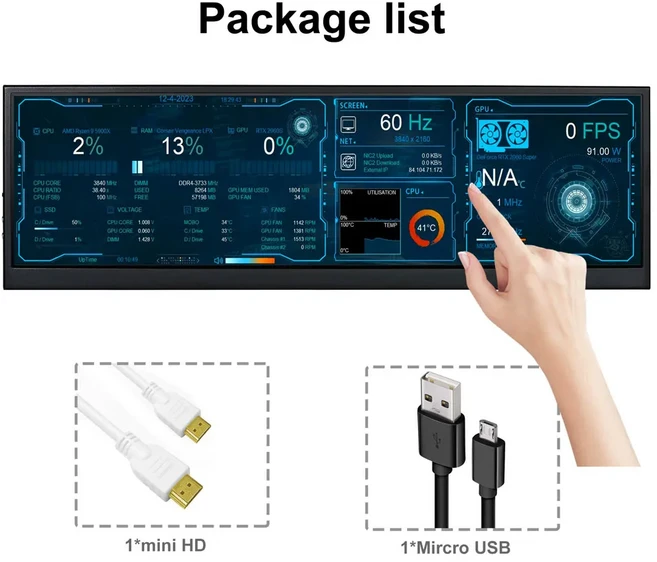 Wisecoco 정전식 휴대용 초광각 1920x515 터치스크린 PC 보조 디스플레이 CPU IPS 패널 Aida64 12.6 인치, 02 Touch Monitor, 02 Touch Monitor