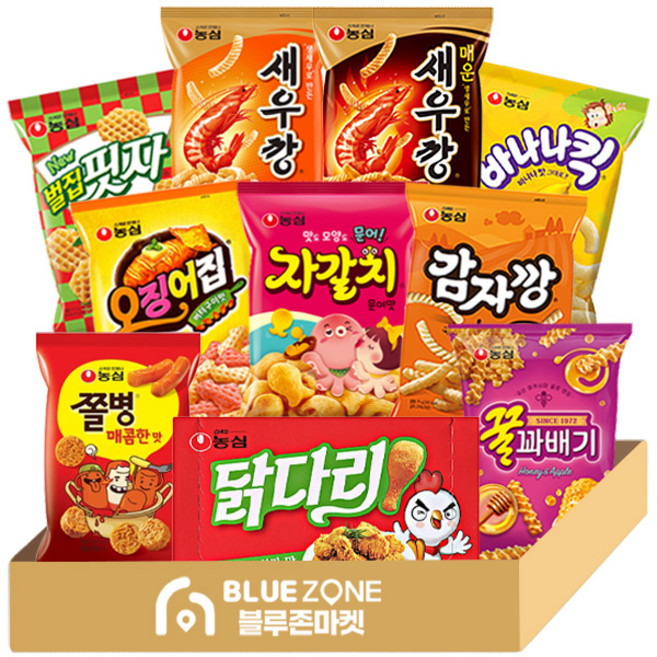 농심 10종 B 과자 선물세트 (새우깡+매운새우깡+감자깡+자갈치+오징어집+닭다리 후라이드 치킨맛 +쫄병매콤한맛+벌집핏자+바나나킥+꿀꽈배기), 1세트, 1개