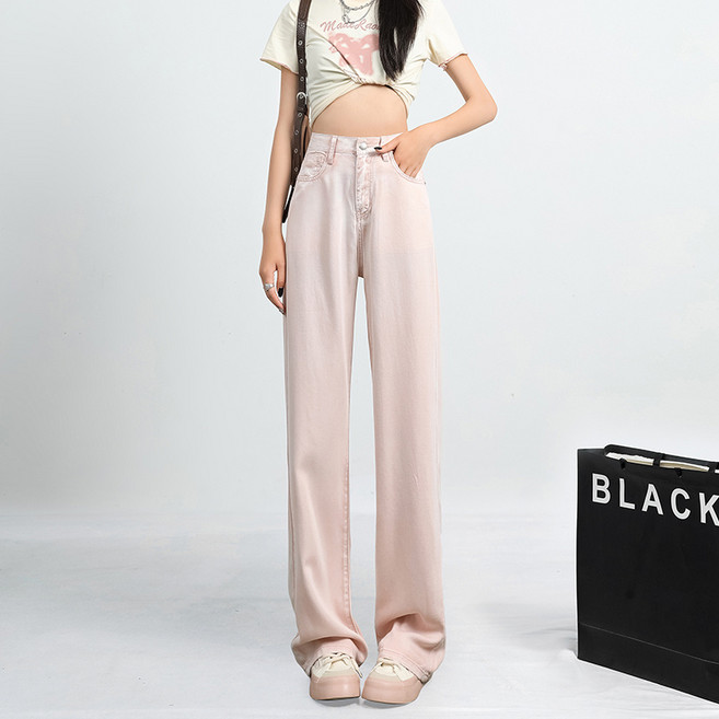 지퍼 텐셀 와이드 데님 팬츠 여 여름 하이웨스트 슬림핏 아이스 일자 슬랙스