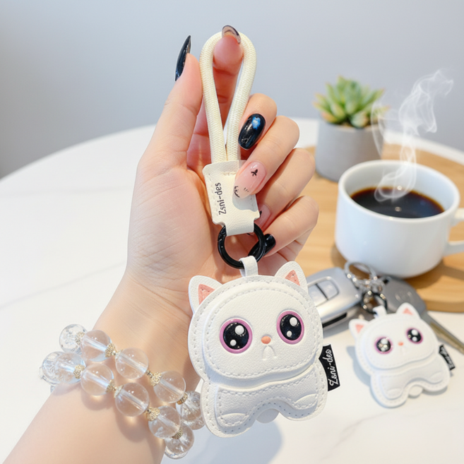 S.J.S 프리미엄 고양이 키링 가죽소재 펜던트 열쇠고리 키홀더, 1개, 화이트 렉돌