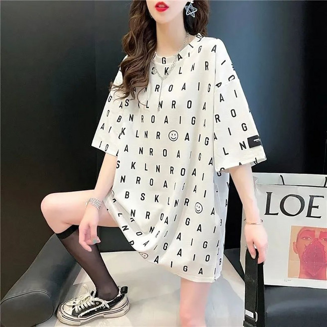 MOSAIRATION 여성용 라운드넥 반팔 하프기장 티셔츠 빅사이즈 5부소매 레터링 티셔츠 I051612