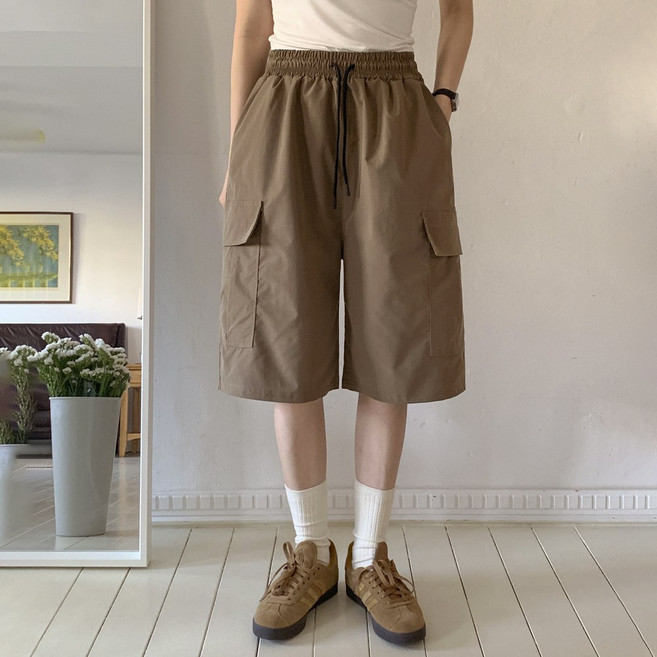 앤샵 [남녀공용/당일출고] 벨뷰 와이드 루즈핏 카고 밴딩 버뮤다 팬츠 (4color)