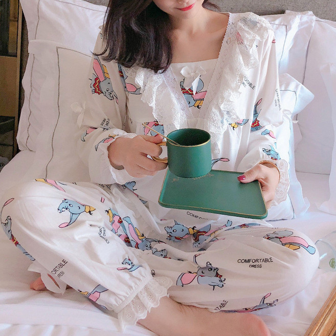 Lo.Para 長袖睡衣 春夏季薄款套裝 韓版可愛蕾絲公主風