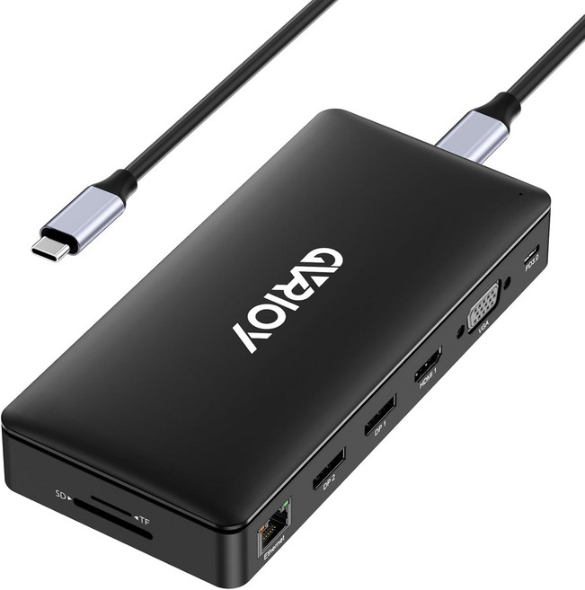 USB C 노트북 도킹 스테이션 15 in 1 트리플 디스플레이 멀티포트 어댑터 3 모니터 듀얼 DP HDI VGA CA RJ45 SDTF 마이크오디오 맥북델레노버 노트북용 PD, Dark Black