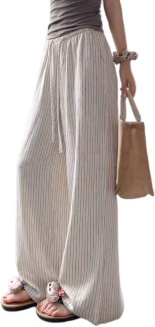 Makone 여성 하이웨이스트 스트라이프 슬랙스 롱 팬츠 린넨 캐주얼 밴딩 와이드 바지