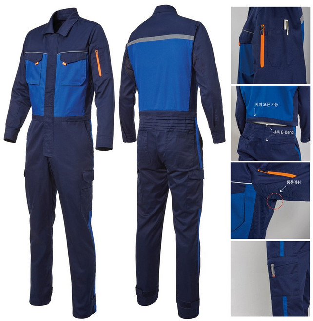 지벤 봄 여름 가을 정비복 스즈끼 ZB-S1547 + 지벤양말 1켤레 네이비 색상 데님 원단 경정비 반사띠 상 하 일체형 등판 허리 지퍼 오픈 기능으로 편리한 착 탈의