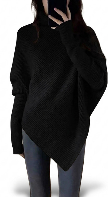 터틀넥 니트 여성 비대칭 스웨터 부드러운 리브 니트 변형 디자인 느슨한 실루엣 성인 귀여운 체형 커버 통근 통학 가을 겨울 탑스 살구