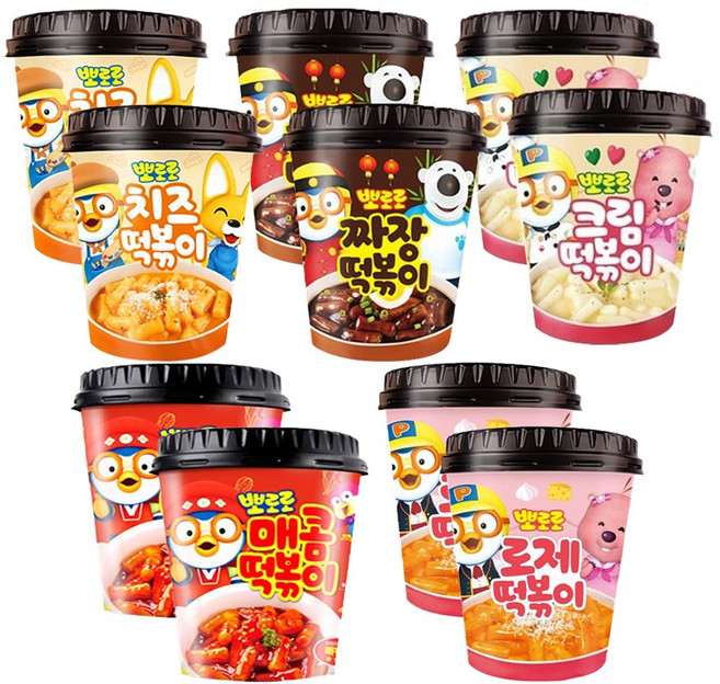 뽀로로 컵 떡볶이 치즈110g 2개+짜장110g 2개+크림115g 2개+매콤120g 2개+로제115g 2개 (총10개) 어린이캠핑여행식품즉석간편, 10개, 114g