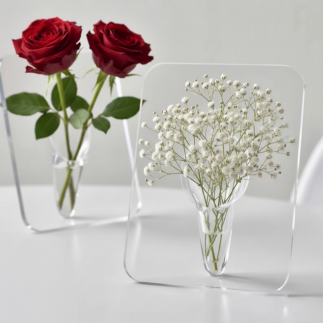 액자화병 아크릴 꽃한송이 인테리어 꽃병 오브제 2p세트, 투명색