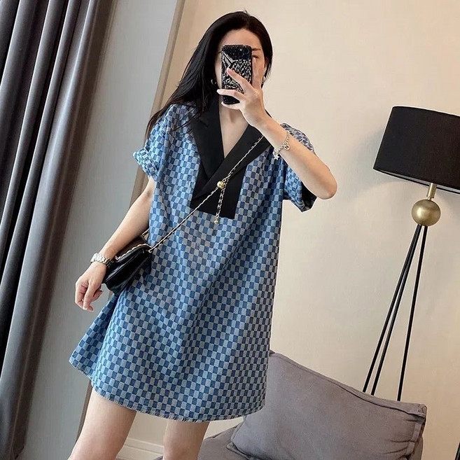 大尺碼洋裝 短袖洋裝 連身裙 西裝領棋盤格時尚氣質連衣裙女寬松拼接裙子, 圖片色,L 建議50-60公斤