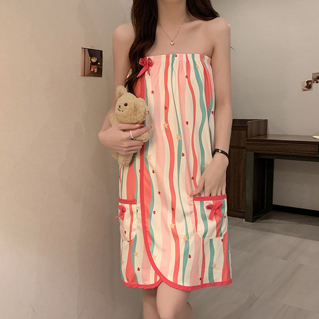 여성용 여름 얇은 수면 원피스 부드러운 샤워 목욕 가운, 1개, 핑크 스트라이프