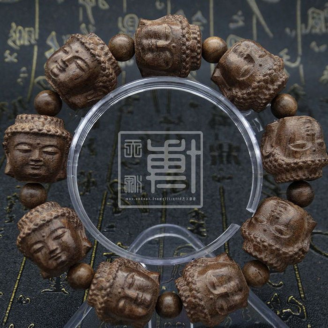 沉香木雕刻佛頭佛珠手串, 1個, 皮灰+機雕+佛祖+2.0九顆