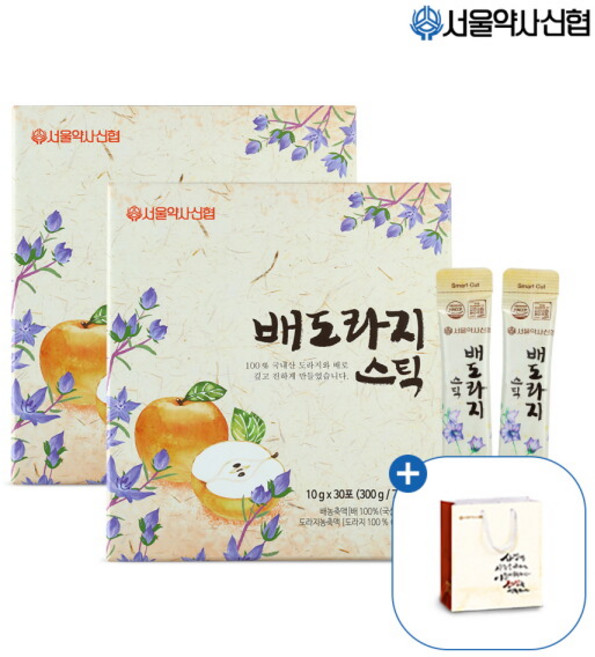 [서울약사신협] [국내산 배&도라지] 배도라지 스틱 30포 2세트 (+쇼핑백 2장), 300g, 2박스