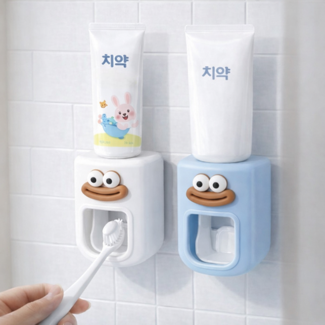 DAGUMLIFE 원터치 자동 치약짜개 디스펜서 무타공 걸이, 화이트+블루