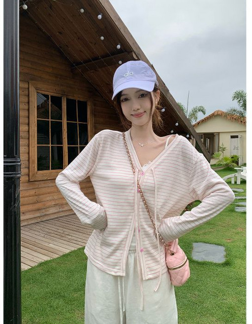 스트라이프 끈 장식 얇은 텐셀 자외선 차단 니트 여성용 여름 루즈핏 V 카라가 있는 상의 가디건, L, 핑크