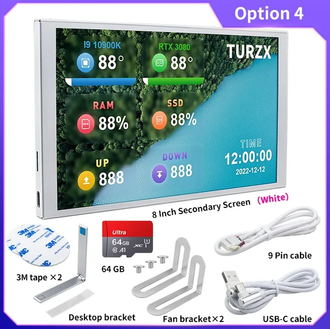 올스토어 TURZX 8인치 보조 화면 1280x800 IPS 스마트 LCD CPU RAM 모니터 데스크탑 모드 지원 AIDA4 사 불