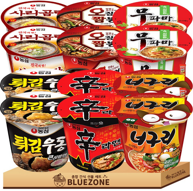 농심 큰컵 용기라면 세트 신라면2 너구리2 오징어짬뽕2 튀김우동2 무파마2 사리곰탕2 라면스틱2, 12개