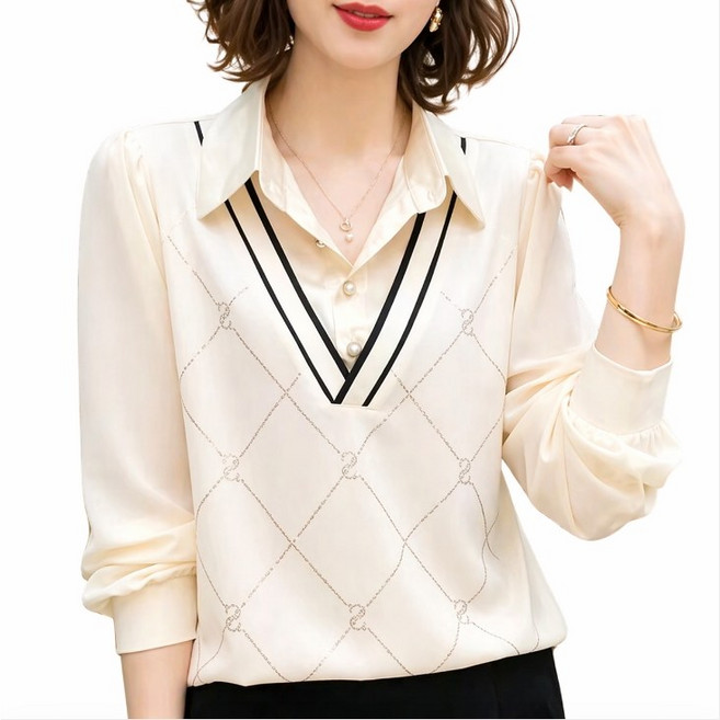 휠렉스 여성 봄 브이넥 레이어드 셔츠 니트 블라우스 오피스룩 데일리 JT204