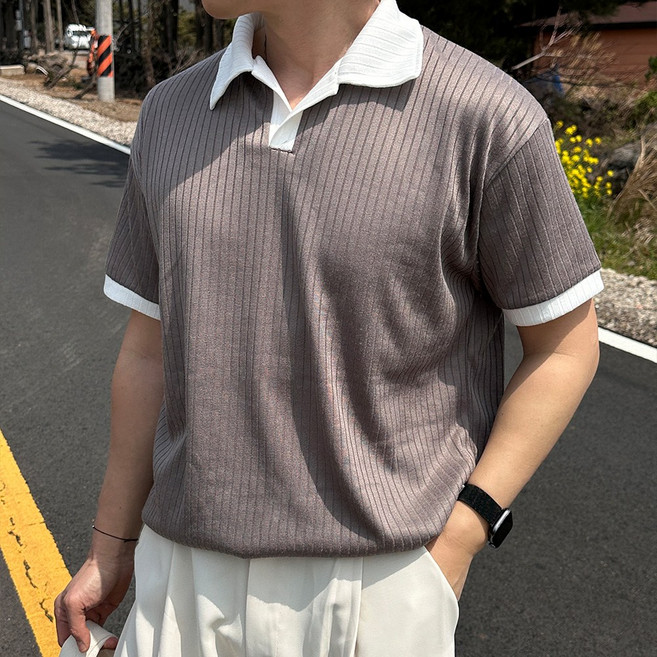 XL-4XL 바이모노 오픈 카라 배색 골지 반팔티 남자 빅사이즈 여름 카라티 반팔 티셔츠 소라 베이지 블랙 XL 2XL 3XL 4XL