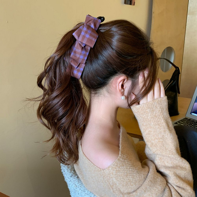 체크 리본 바나나핀 대형 집게핀 포니테일 올림머리 헤어핀