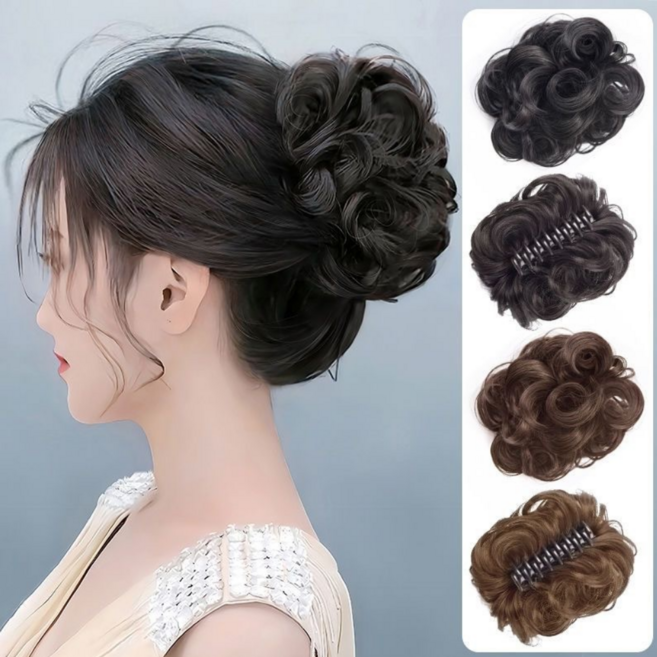 여성 올림머리 뒷머리 부분 가발 집게핀 볼륨 헤어피스, 1개, 자연갈색=다크브라운
