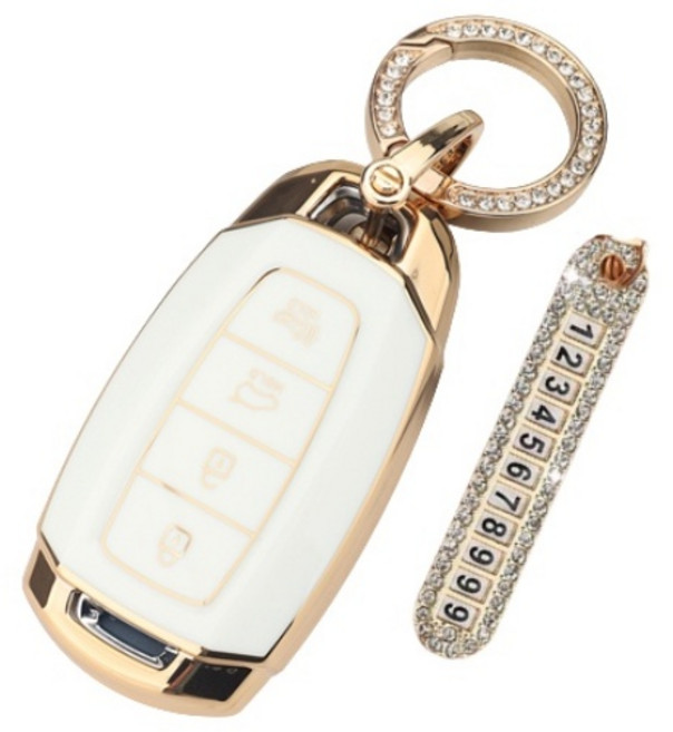 키에티 현대 호환 아반떼CN7 팰리세이드 그랜져IG 실버라인 스마트 키케이스 키홀더, 4버튼, 화이트 골드라인