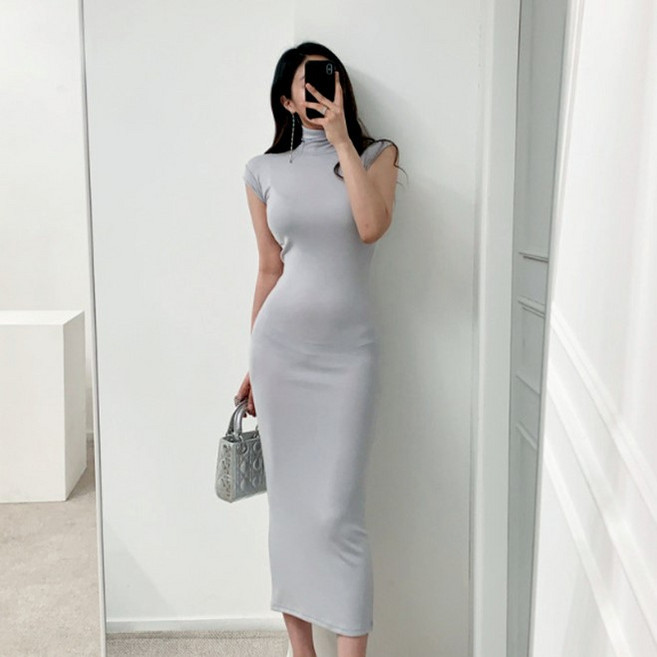 설온 여성 딱 붙는 섹시 폴라 민소매 롱 원피스