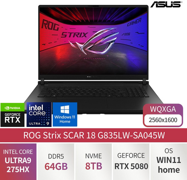 ASUS ROG Strix SCAR 18 Ultra9 275HX 지포스 RTX5080 윈도우11홈 가성비 전문가용 디자이너용 대학생용 사무용 게이밍 노트북, G835LW-SA045W, WIN11 Home, 64GB, 8TB, 오프블랙
