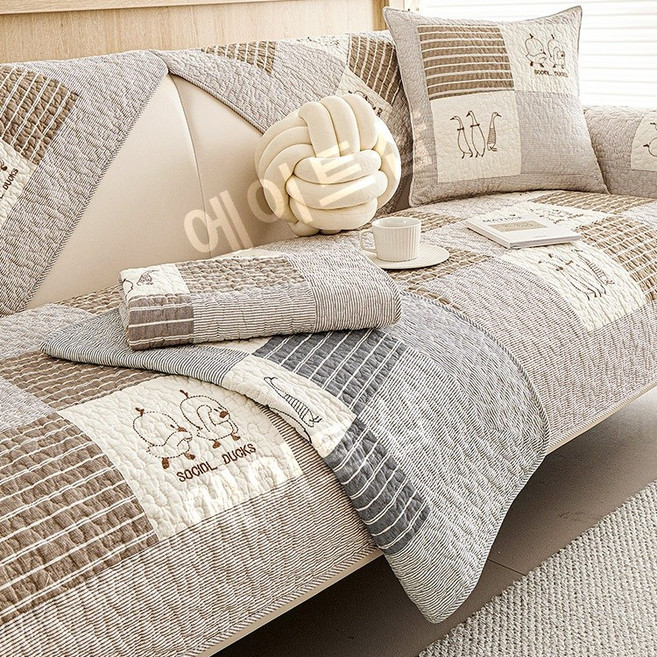 사계절 코튼 순면 소파 패드 도톰한 소파커버 미끄럼방지 덮개 브라운, 1개, 그레이