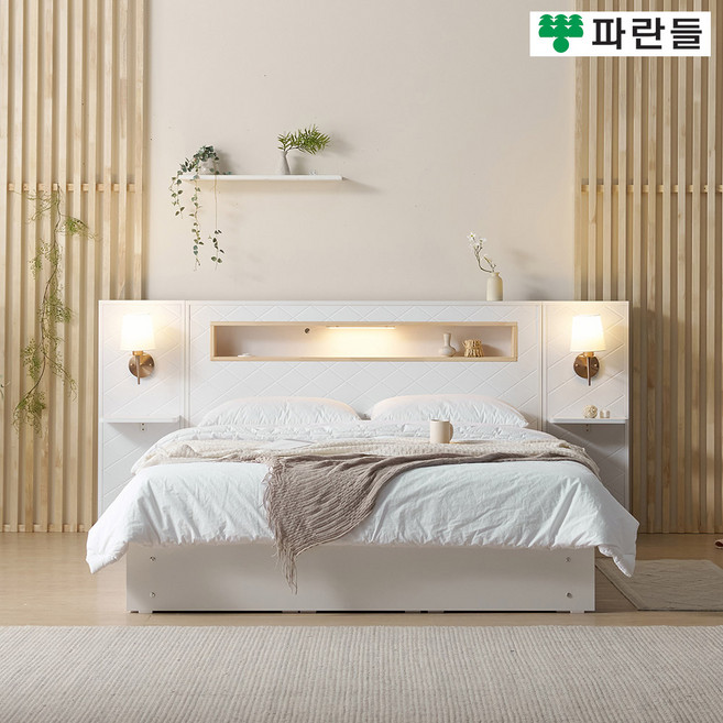 파란들가구 편백 LED 사선무늬헤드 호텔식 서랍수납침대프레임, 화이트