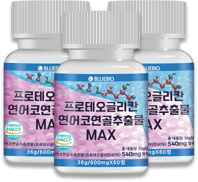 프로테오글리칸 연어코 연골 추출물 MAX 600mg 60정 2형 콜라겐 콘드로이친 글루코사민 류신 함유, 3개