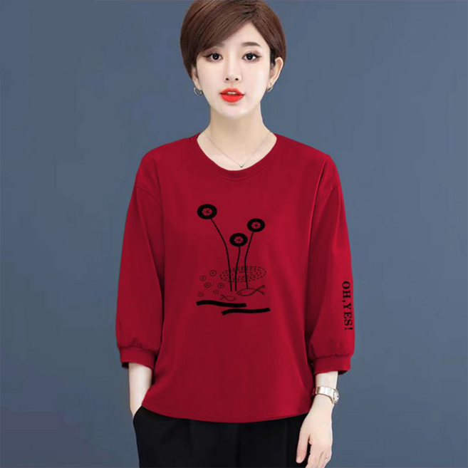 besteffie 7부티셔츠 중년여성 순면 프린트 칠부 티셔츠 캐주얼 봄 가을 라운드넥 루즈핏 E28