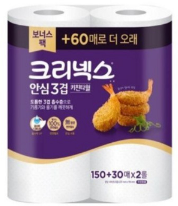 크리넥스 안심3겹 키친타올 (150매+30매) x2, 1개, 2개입