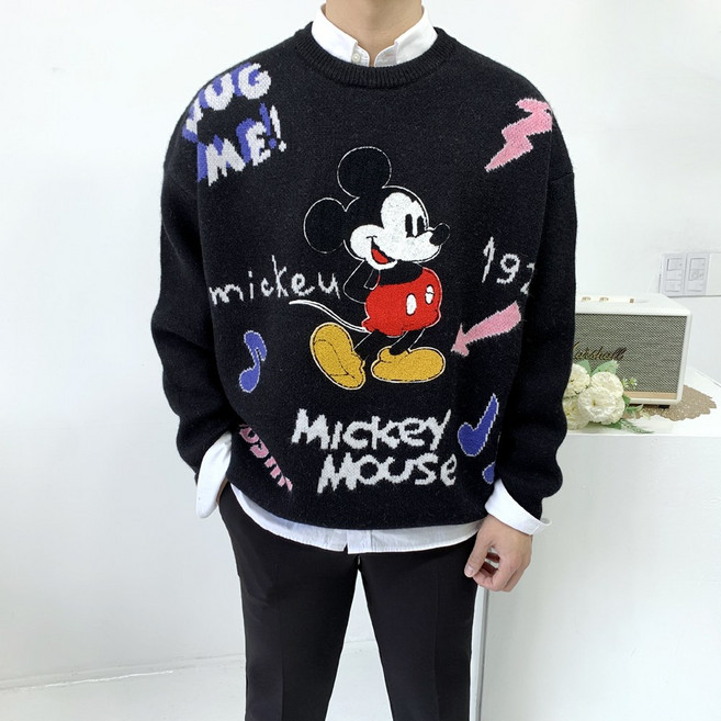디즈니 정품 남자 귀여운 뽀글이 미키마우스 자수 오버핏 헤비 라운드 니트2color