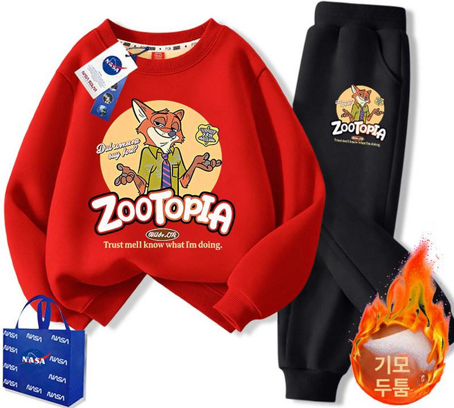 주토피아 맨투맨 티셔츠 주디 추리닝 동물 캐릭터 세트 상하복 기모 바지 겨울, 여우선생 레드+검정 바지