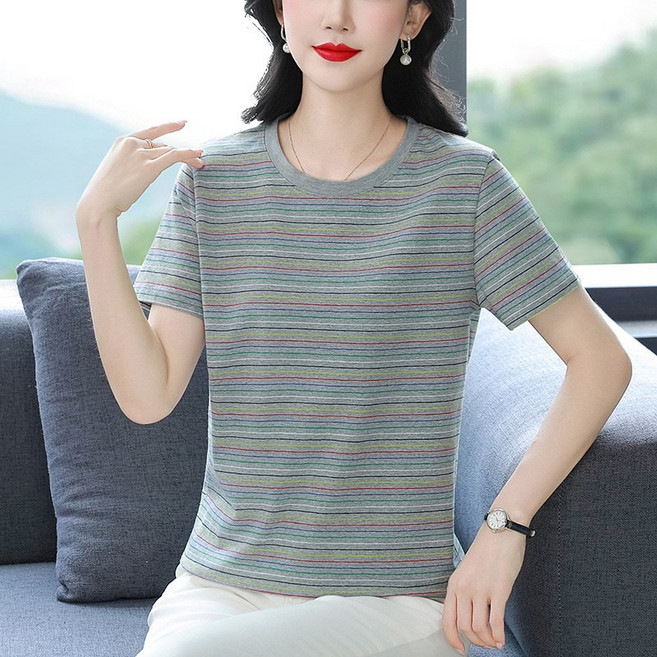 卡瞬大碼夏季條紋短袖T恤女裝圓領顯瘦百搭高級感洋氣休閒上衣服