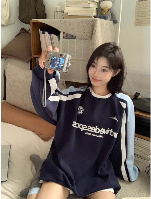 ANYOU 봄가을 여성용 투톤 맨투맨 티셔츠 빈티지 레터링 프린트 긴팔